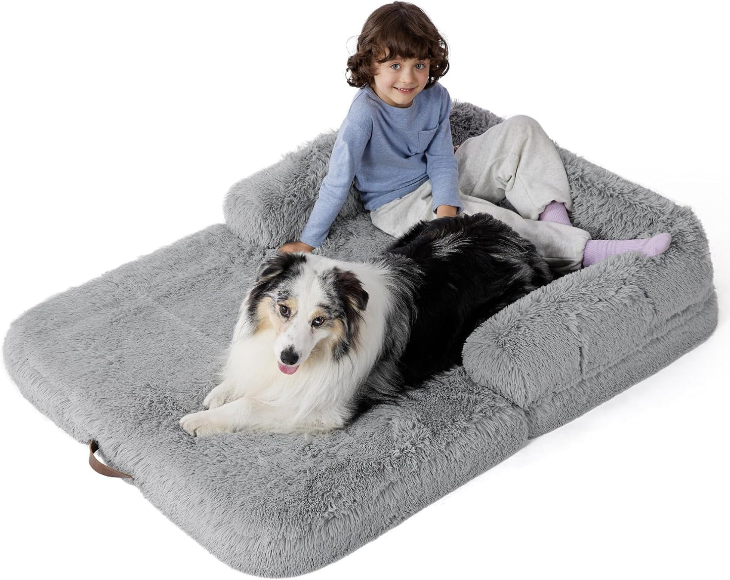 Bedsure Foldable Human Dog Bed for People Adults, 2 in 1 Calming Human Size Giant Dog Bed Fits Pet Families with Egg Foam Supportive Mat and Waterproof Liner, Faux Fur Orthopedic Dog Sofa, Camel