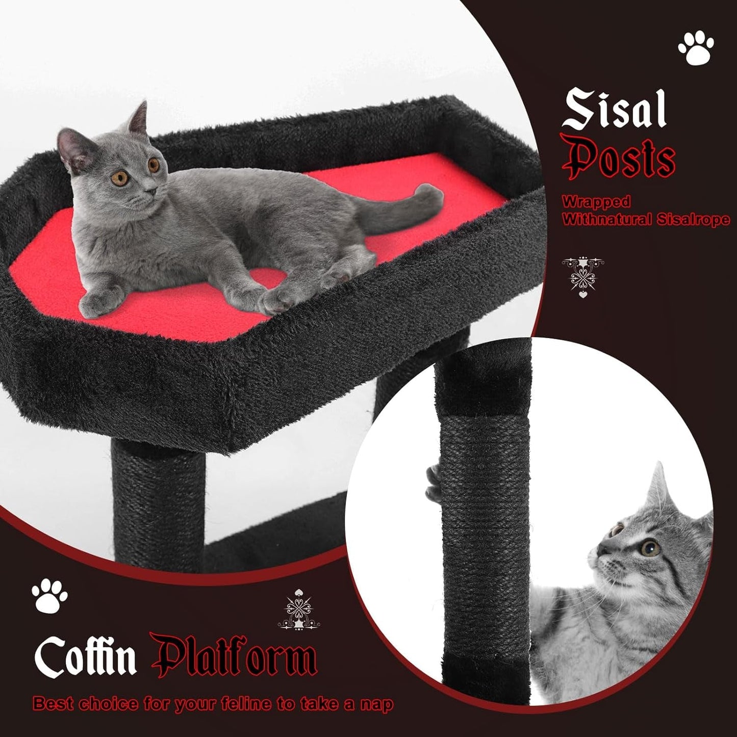 MOOACE Gothic Cat Tree with Coffin Beds, 32.6"Cat Tower Climbing for Indoor Cat with Spacious Cat Condo, Scratching Post, Pompom Toys, Tall Halloween Kitten House Furniture for Cats Stuff, Black Cage