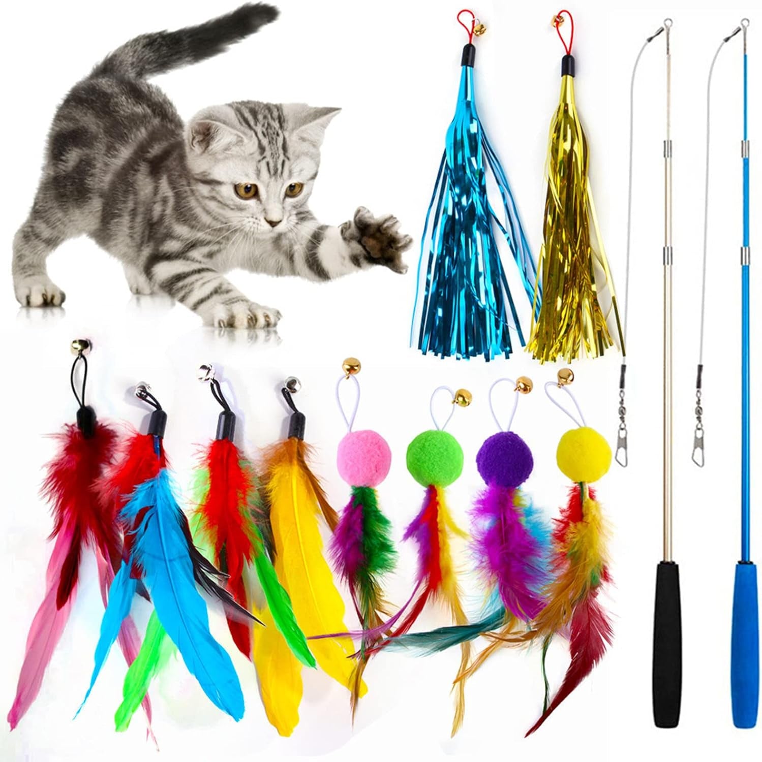 12Pcs/Set Cat Wand Toy Retractable Stress Relief Exercise Toy Cat Chasing Toy with 10 Feather Tassel Replacement for Indoor - Multicolor