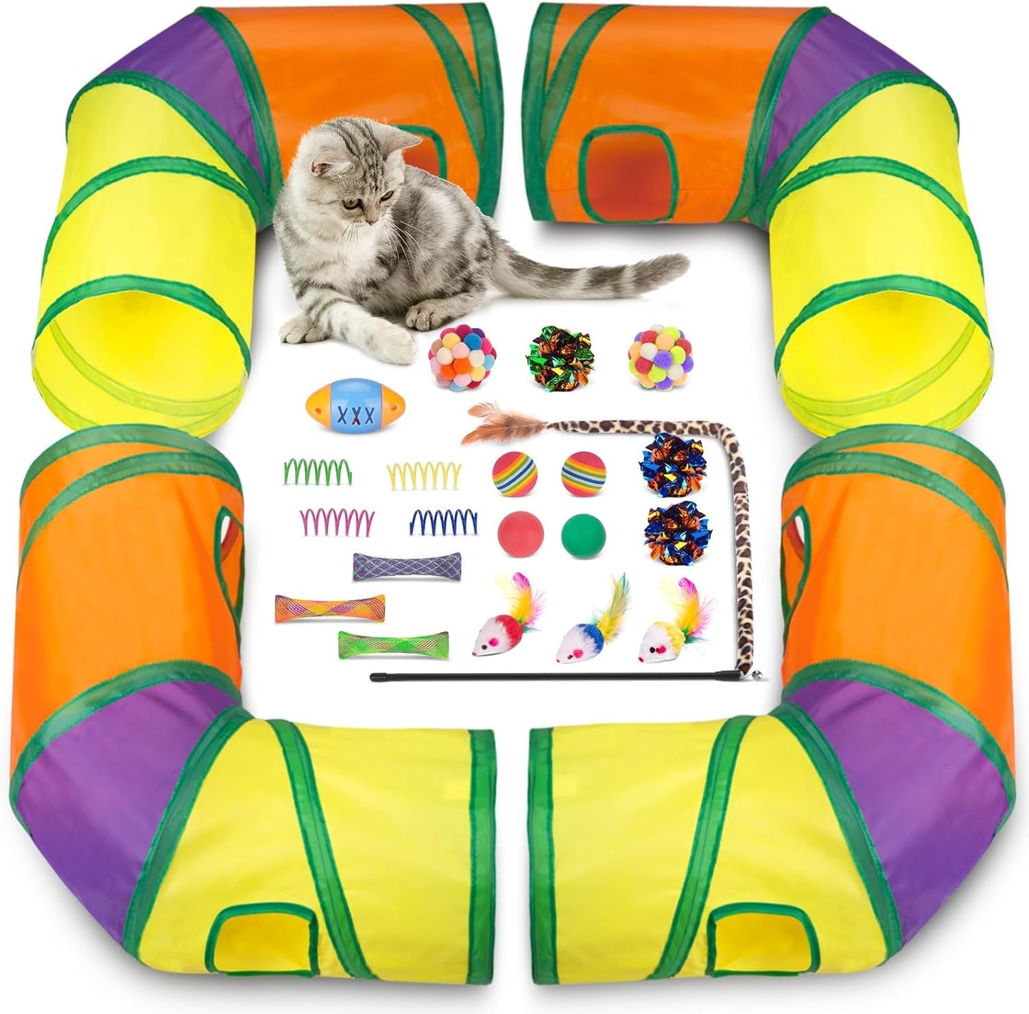 25 Pcs Cat Toys Set,Kitten Toys for Indoor Cats,Collapsible Cat Tunnel Tubes Interactive Feather Teaser Wand Toy for Kitten Cats Springs Mouse Crinkle Toys Rainbow Football Cat Ball with Bell Toy