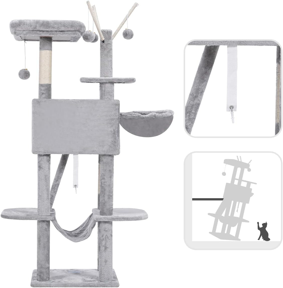 Hey-Brother Cat Tree, 53 Inch Cat Tower for Indoor Cats, Cat House with Padded Platform Bed, Toy Balls, Large Cozy Condo, Hammocks and Sisal Scratching Posts, Light Gray MPJ019-SW