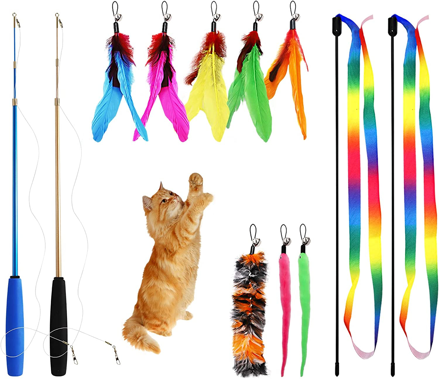 12PCS Interactive Kitten Toys, Retractable Indoor Cat Wand Toys with Replacement Teaser, Rainbow Ribbon and Make Exercise by Sunshinetop