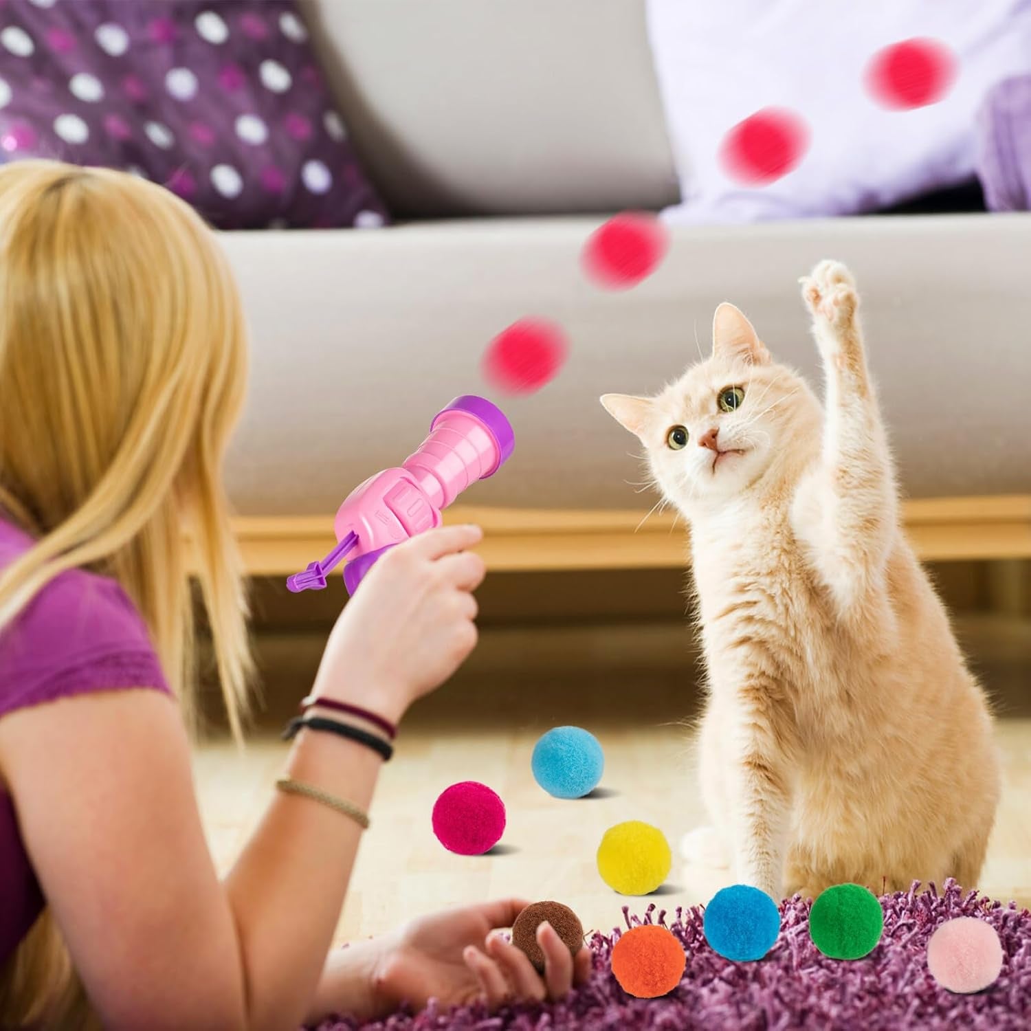 4 Pcs Cat Ball Launcher, Interactive Cat Toy with 100PCS Cat Pompom Balls, Cat Toy Ball Launcher Gun for Cats, Cat Toys Interactive for Training, Playing, Funny Game