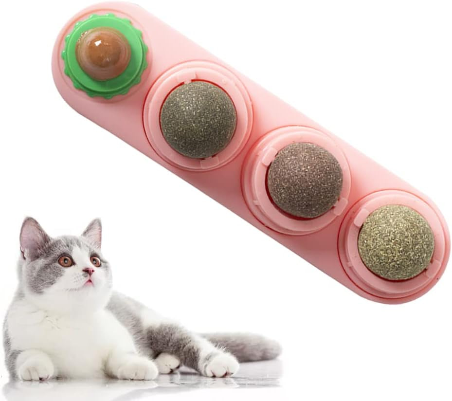 4 In1 Catnip Wall Balls for Cats, Cat Snack Catnip Ball Toys Natural Healthy Kitten Chew Toys Rotatable Indoor Cat Toy for Cat Teeth Cleaning Biting