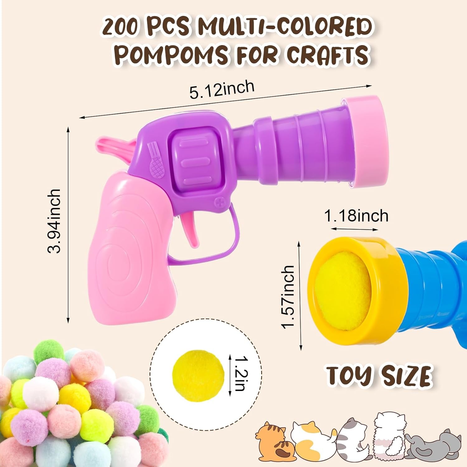 204 Pcs Cat Toy Balls Cat Ball Launcher Toy, Cat Toy Balls with 4 Pcs Launcher and 200 Pcs Pom Poms Balls, Cat Toys Interactive with Colorful Cat Balls for Indoor Cat