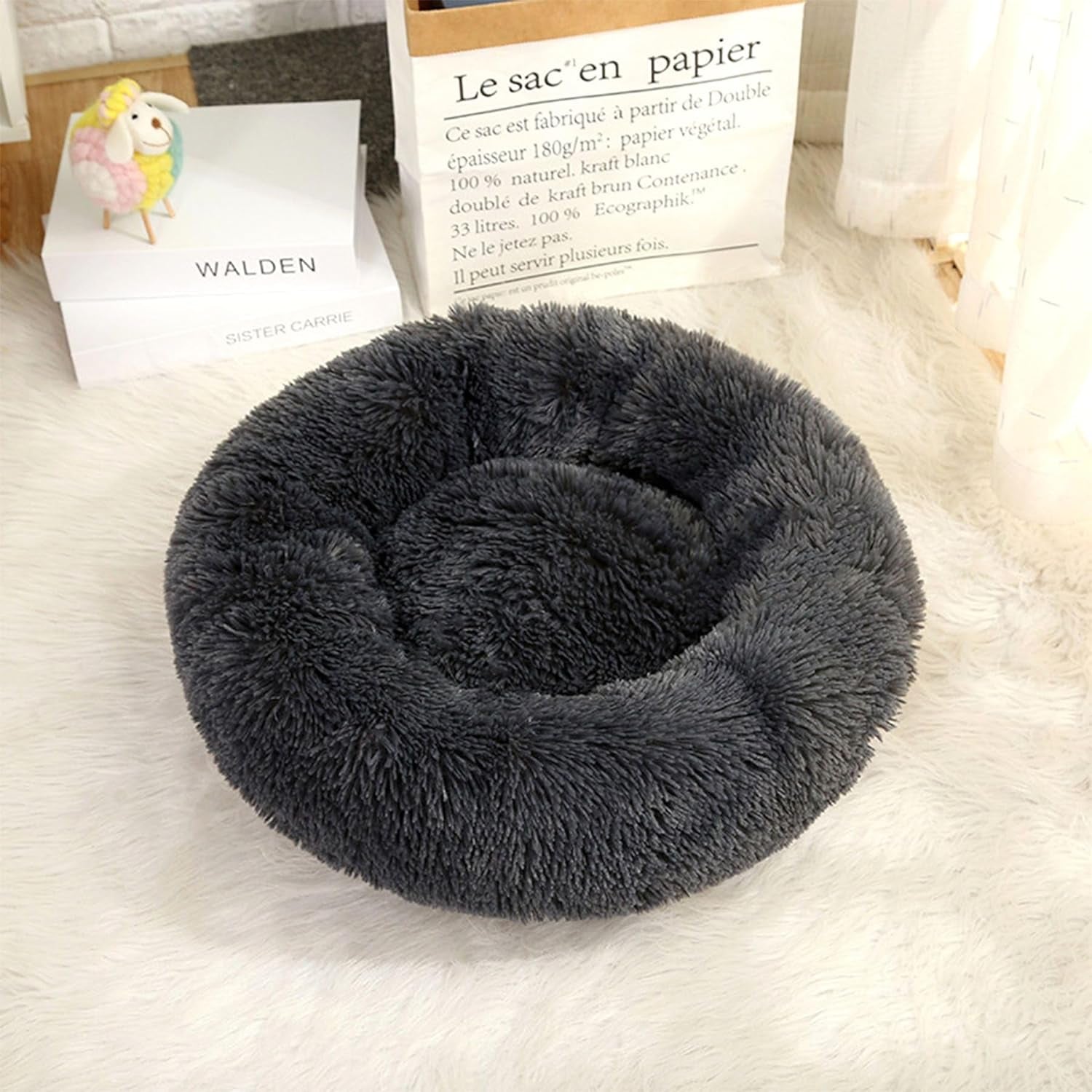 Cat Beds for Indoor Cats, 20 Inches Cat Bed Calming Plush Cat Bed Anti-Slip round Fluffy Dog Bed Donut Dog Bed Soft Puppy Pet Bed Cat Beds for Small Medium Dogs Kittens (Dark Grey)