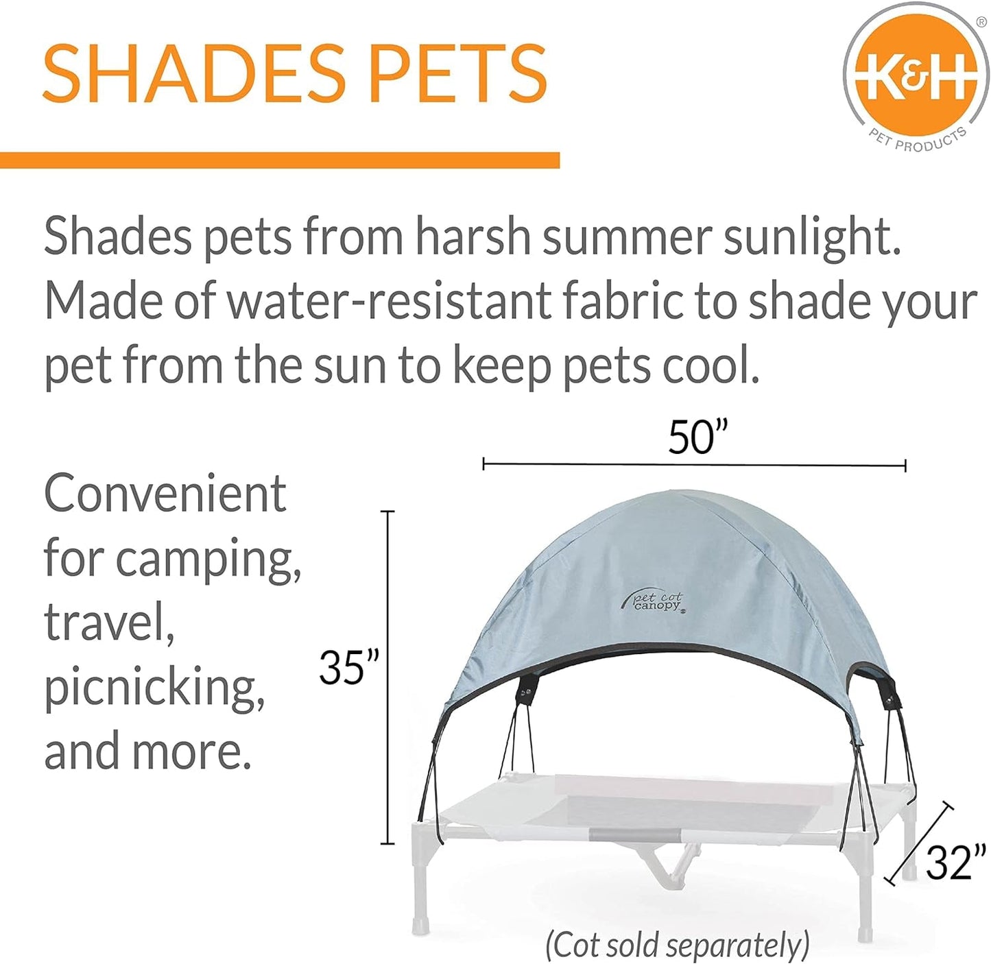 K&H Pet Products Pet Cot Shade Canopy for Elevated outside Dog Beds, Dog Sun Umbrella Canopy for Dog Cots (Cots Sold Separately), Gray X-Large 50 X 32 Inches