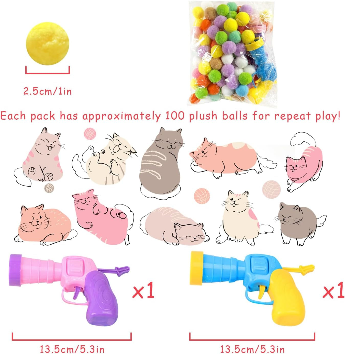 102Pcs Cat Ball Toy Launcher Gun Cat Balls Fetch Toy, Cat Ball Interactive Toy Cat Ball Toy Launcher Plush Ball Puff Cat Toy