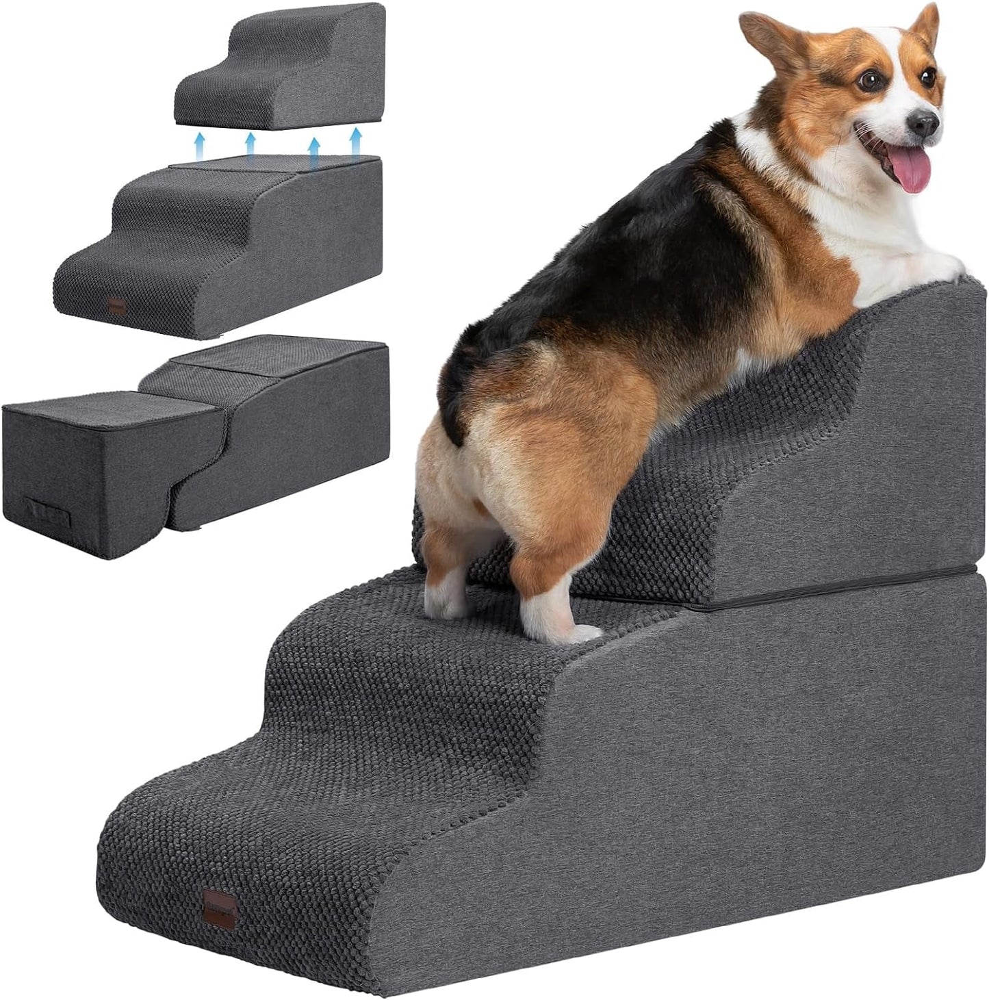 Dog Stairs for High Beds, 4-Step Dog Steps for Small Dogs and Cats, Foldable Pet Stairs for High Bed Climbing, Non-Slip Balanced Pet Step Indoor, Light Grey