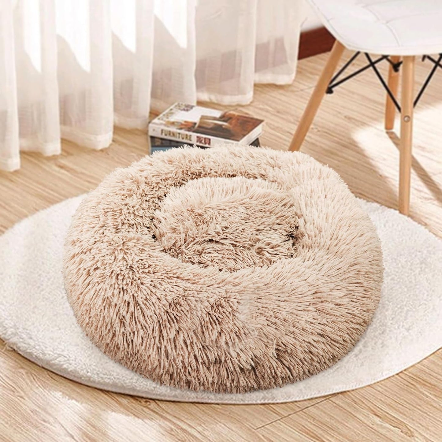 Deluxe Calming Dog Bed for Small Medium Dogs & Cats - Anti-Anxiety Donut Cuddler Cozy Warm Soft Fluffy Faux Fur round Beds Sizes 24" Puppy Bed (Dark Grey, Small)