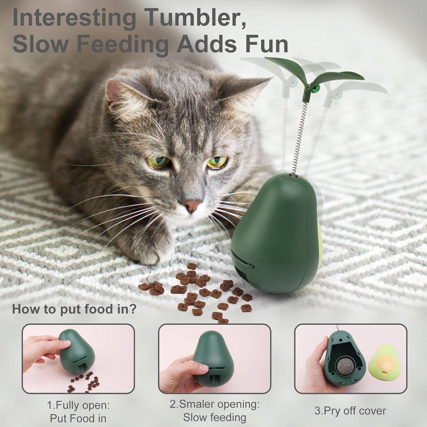 3-In-1 Cat Catnip Toys-Interactive Cat Toys for Indoor Cats, Catnip Toys for Cats with Feather Cat Toy Wand & Cat Treat Dispenser, Tumbler Avocado Cat Puzzle Feeder