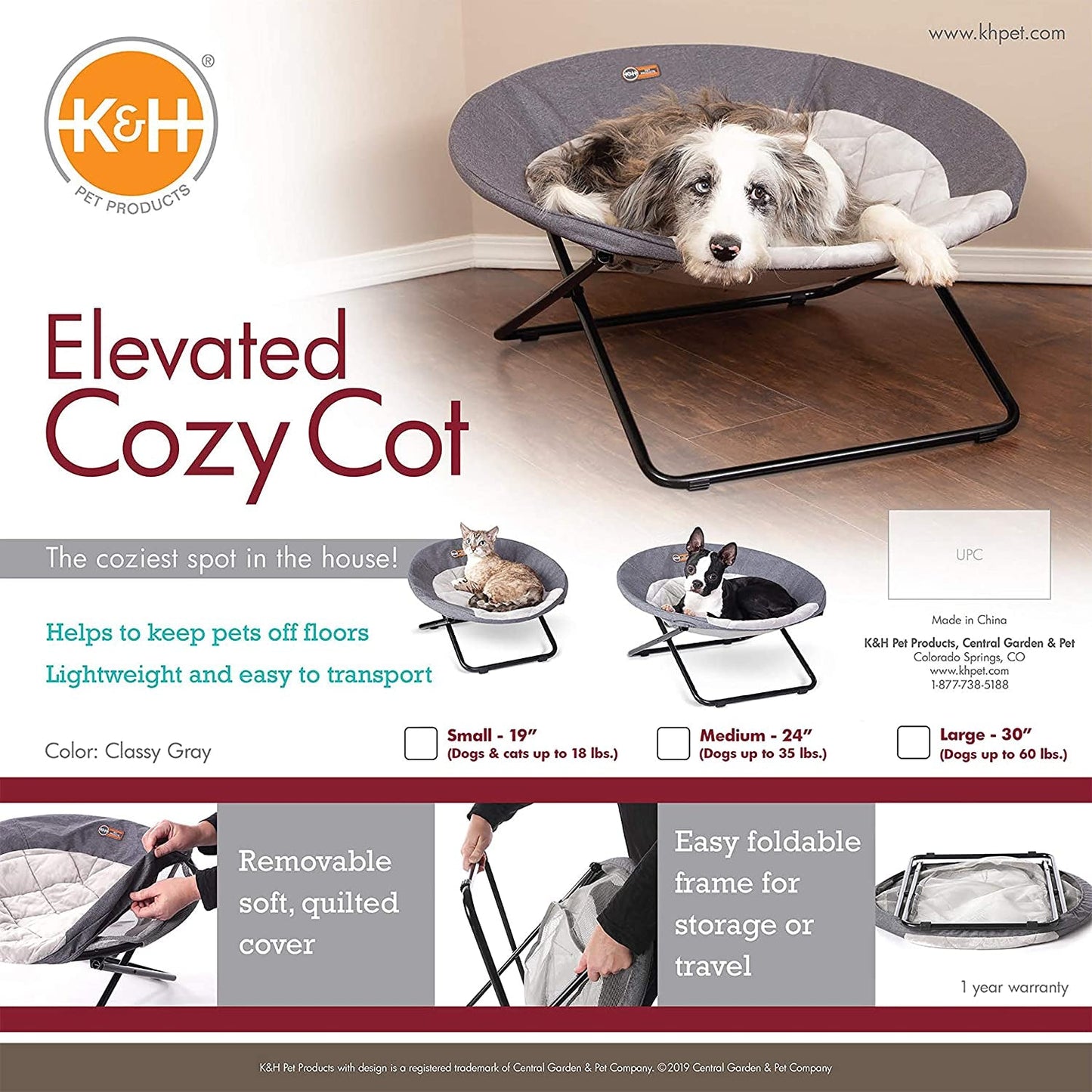 K&H Pet Products Cozy Cot Elevated Pet Bed, Dish Chair for Dogs and Cats, Machine Washable, Gray, Medium 24 Inches