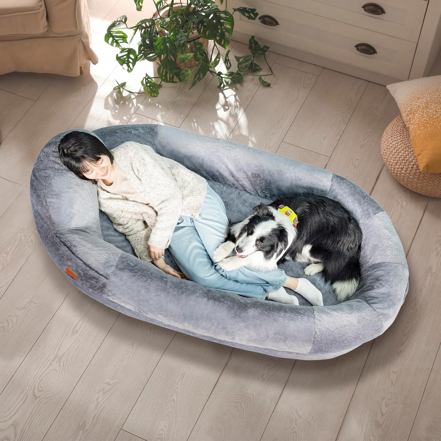 Human Dog Bed for Adult, 76''X43.3''X13.4'' Dog Bed for Humans with Raised Headrest, Washable Gaint Human Size Dog Bed for People Orthopedic Foam Bean Bag Bed