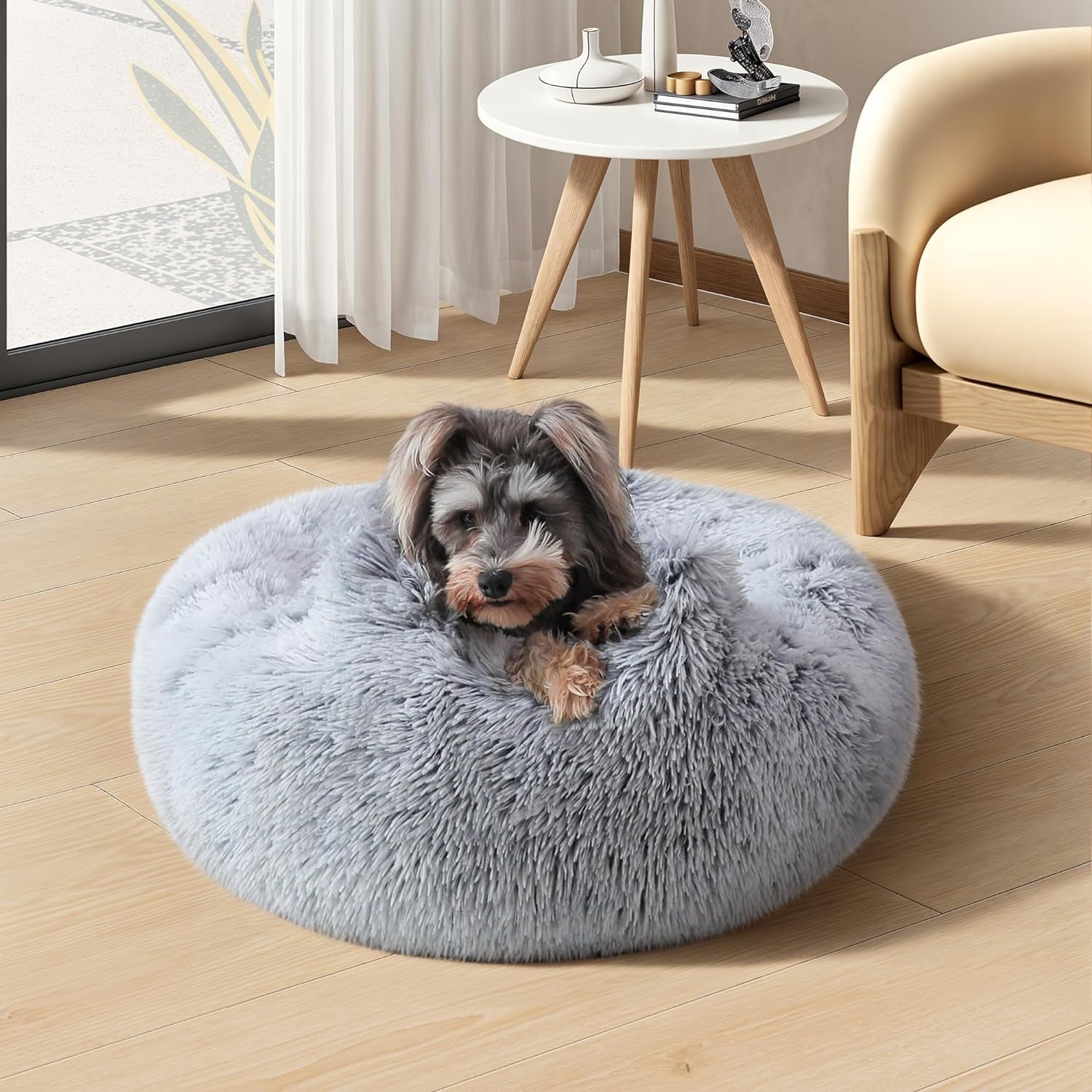 Calming Small Dog Bed, Donut Washable Dog Beds for Small Dogs, Anti-Anxiety Cute Soft Dog Bed with Anti-Slip round Fluffy Plush 20 Inchs Cat Puppy Bed, Light Grey