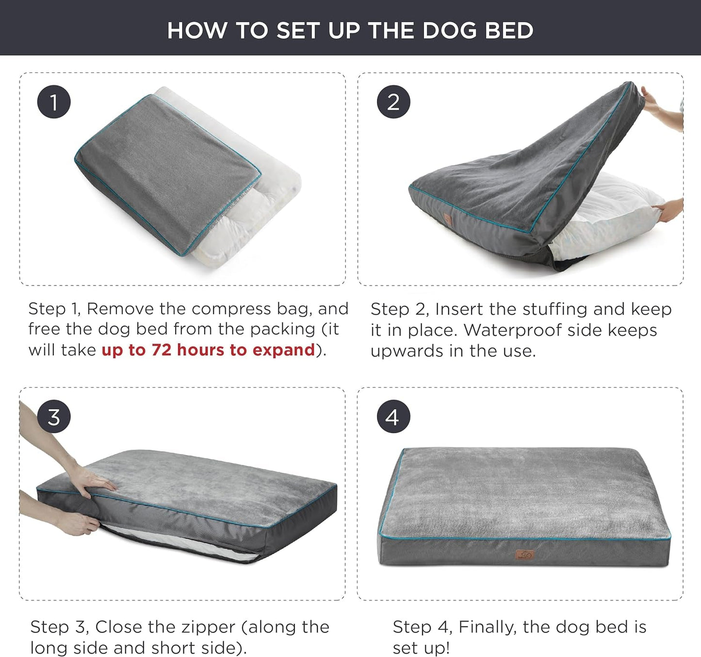 Bedsure Entire Waterproof Large Dog Bed - 4 Inch Thicken up to 80Lbs Large Dog Bed with Removable Washable Cover, Pet Bed Mat Pillows, Grey