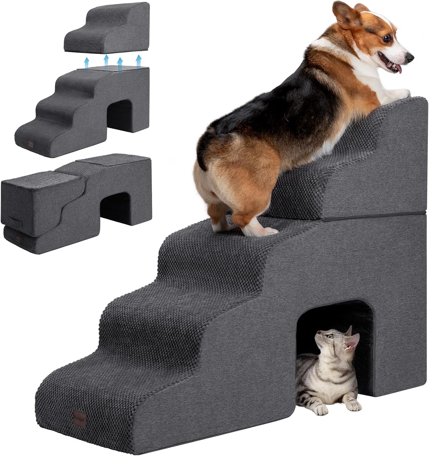 Dog Stairs for High Beds, 4-Step Dog Steps for Small Dogs and Cats, Foldable Pet Stairs for High Bed Climbing, Non-Slip Balanced Pet Step Indoor, Light Grey