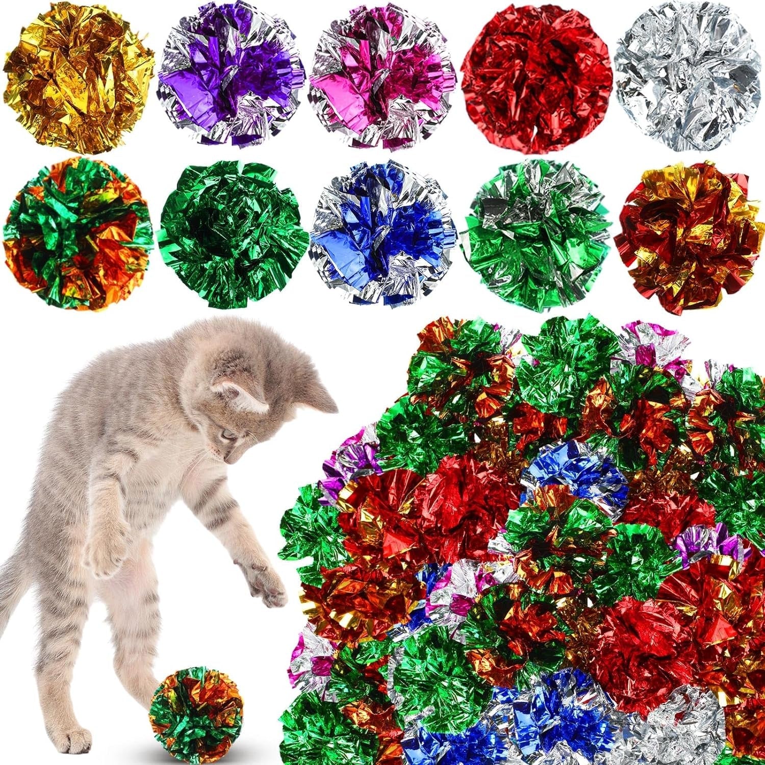 100 Pcs Crinkle Balls Cat Toys Bulk 2.36" Colorful Cat Balls Lightweight Chew and Chase Cat Polyester Film Crinkle Balls Cat Toys for Indoor Cats Kittens to Keep Fit and Active