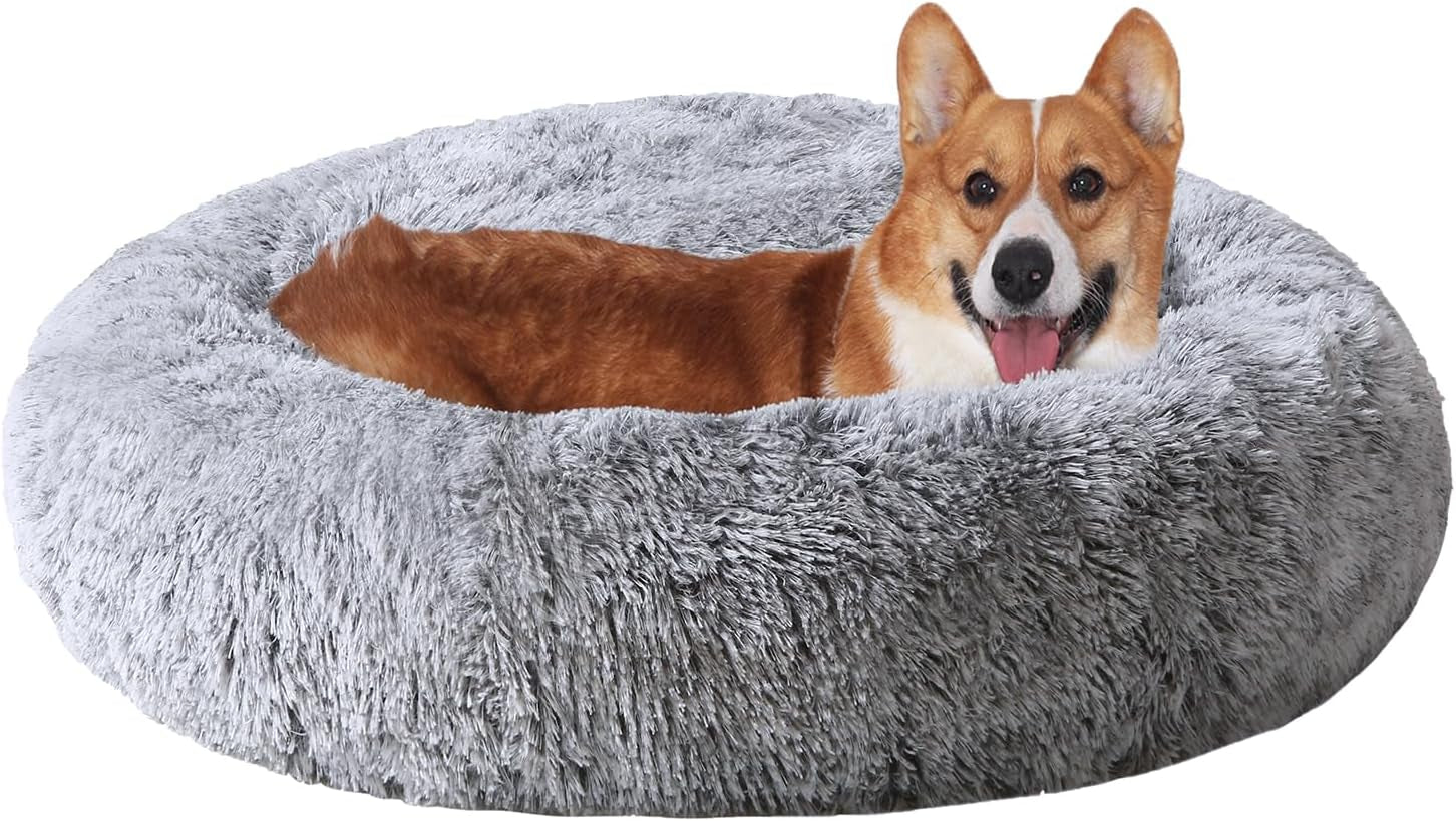 JOLLYVOGUE Calming Donut Dog Bed & Cat Bed, Anti-Anxiety Washable round Bed, Fluffy Dog Cuddler Bed, Cozy Dog Cat Cushion Bed for Small Puppy (20")