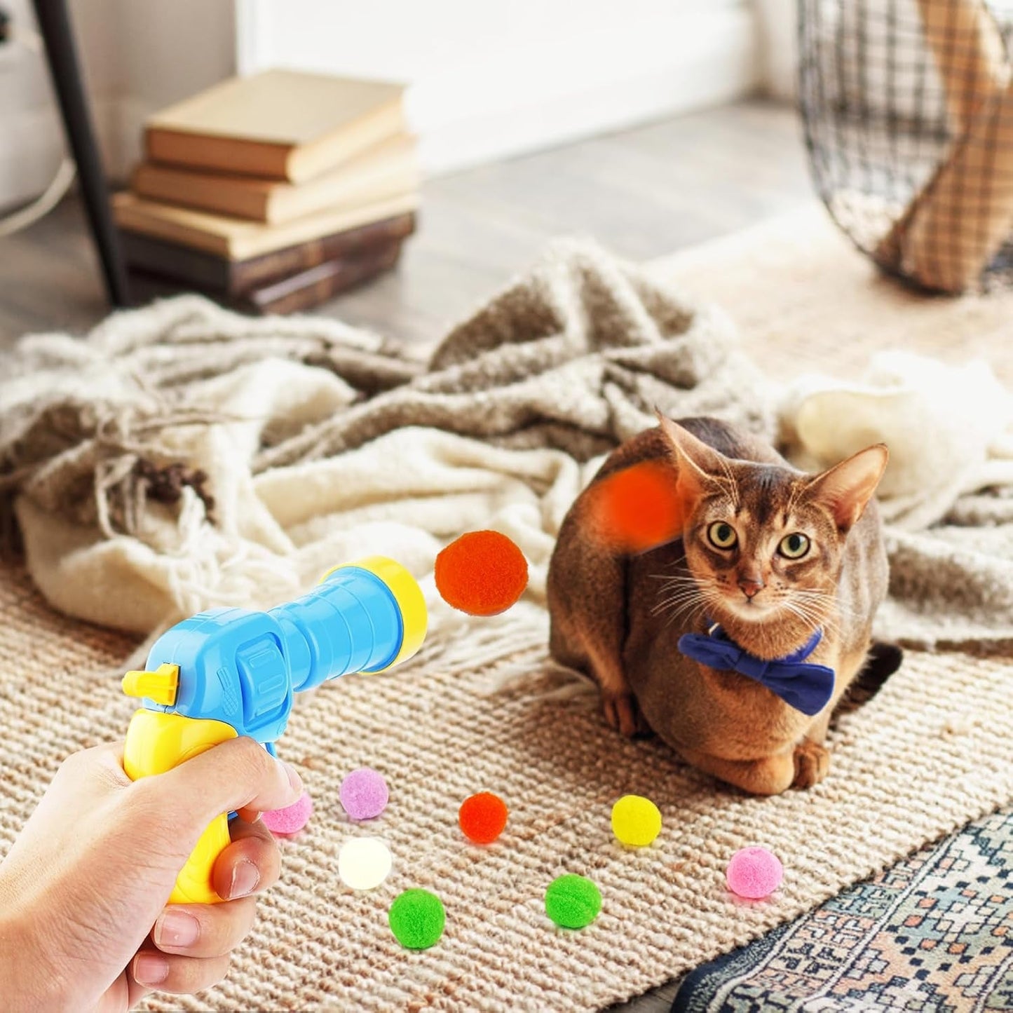 100Pcs Cat Toy Ball Launcher Set, Fun Colorful Plush Cat Ball Toys Pom Pom Ball Launcher Gun Cat Interactive Toys for Indoor Cats Plush Ball Launcher for Kittens Playing Toy