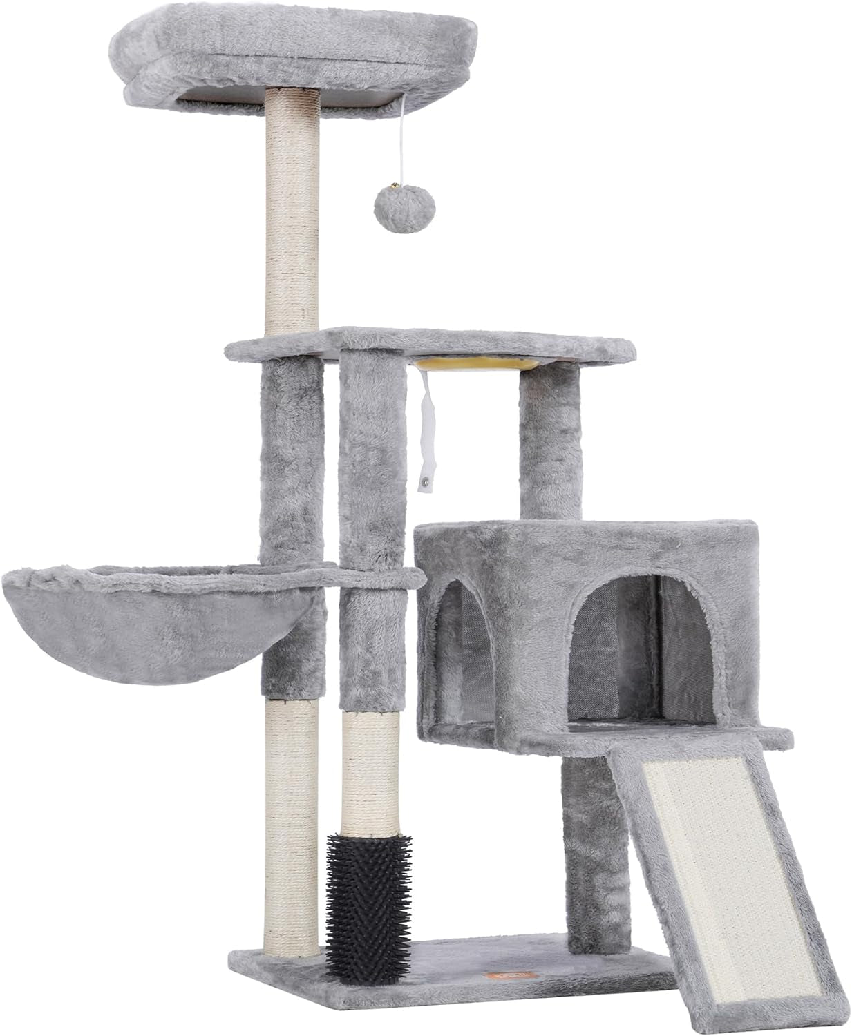 Heybly Cat Tree with Cat Self Groomer Brush, Cat Tower Condo for Indoor Cats with Padded Plush Perch,Feeding Bowl,Cat House with Basket Scratching Board Post, Light Gray HCT005SW