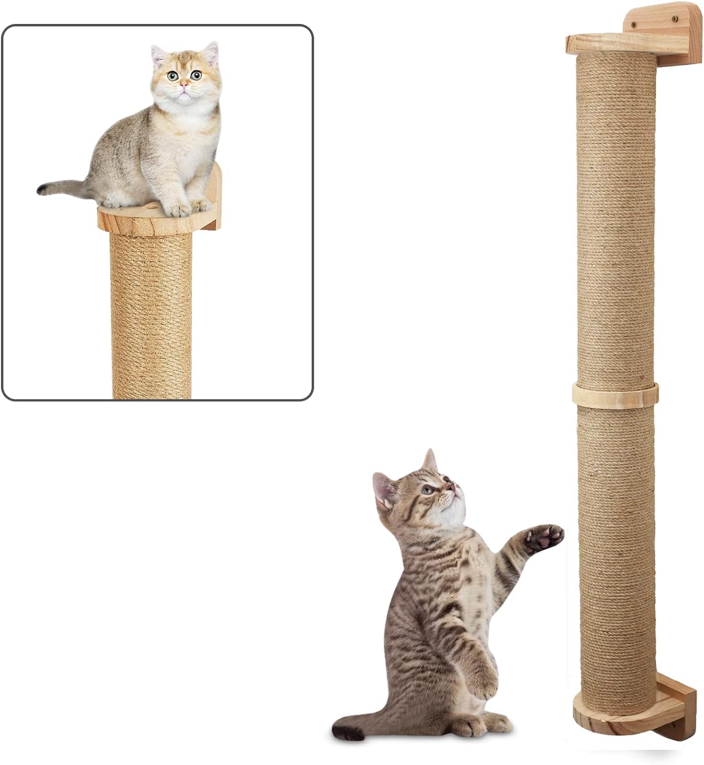 2 Tier Cat Wall Wood Sisal Scratching Post for Indoor - 37 Inch Tall- Vertical or Horizontal Wall Mounted Cat Scratcher, Cat Scratching Board, Cat Activity Trees Cat Wall Furniture Shelves