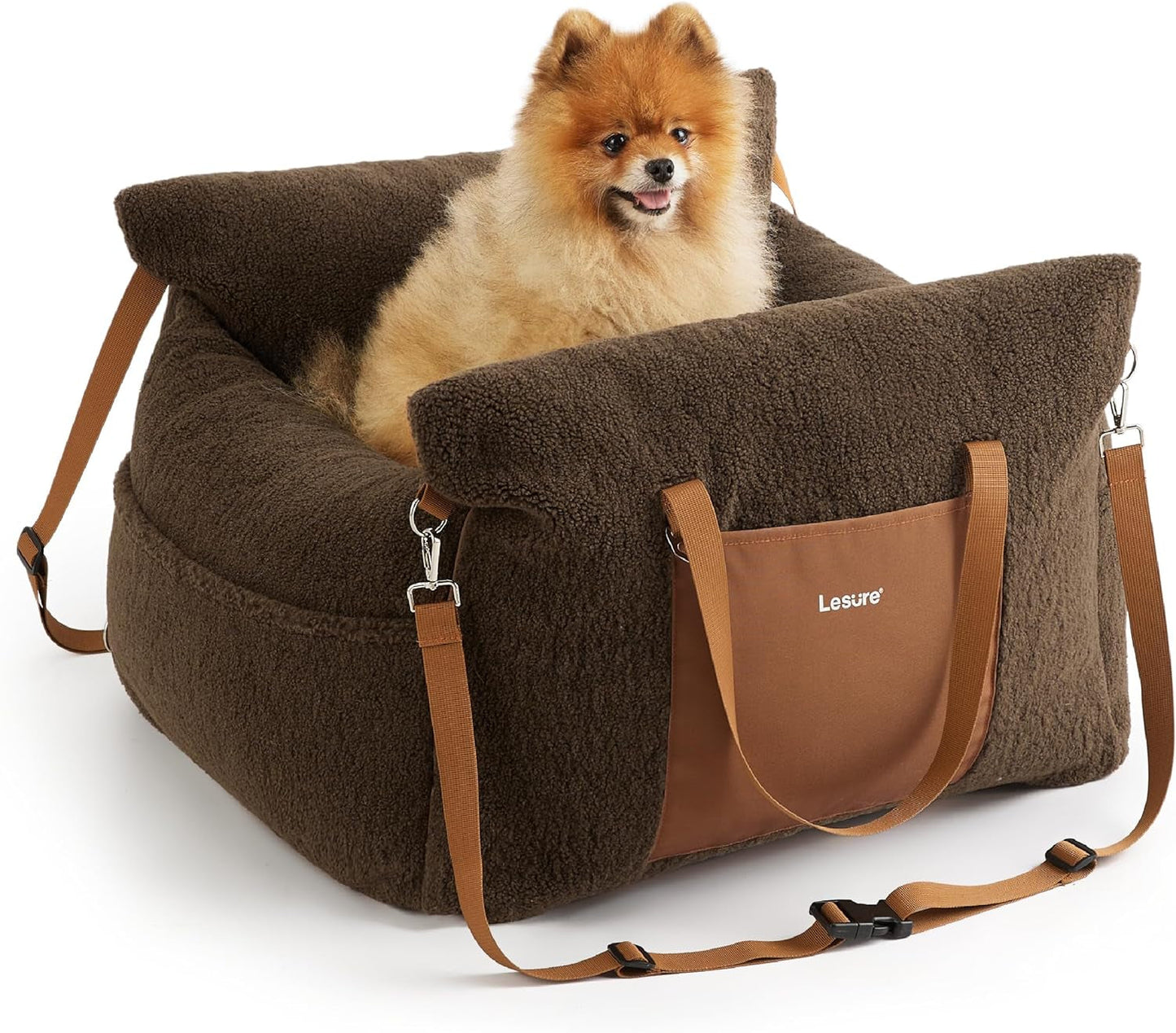 Lesure Small Dog Car Seat for Small Dogs - Sherpa Dog Booster Seat for Car with Storage Pockets and Clip-On Safety Leash and Thickened Memory Foam Filling, Puppy Travel Carrier Bed, Espresso