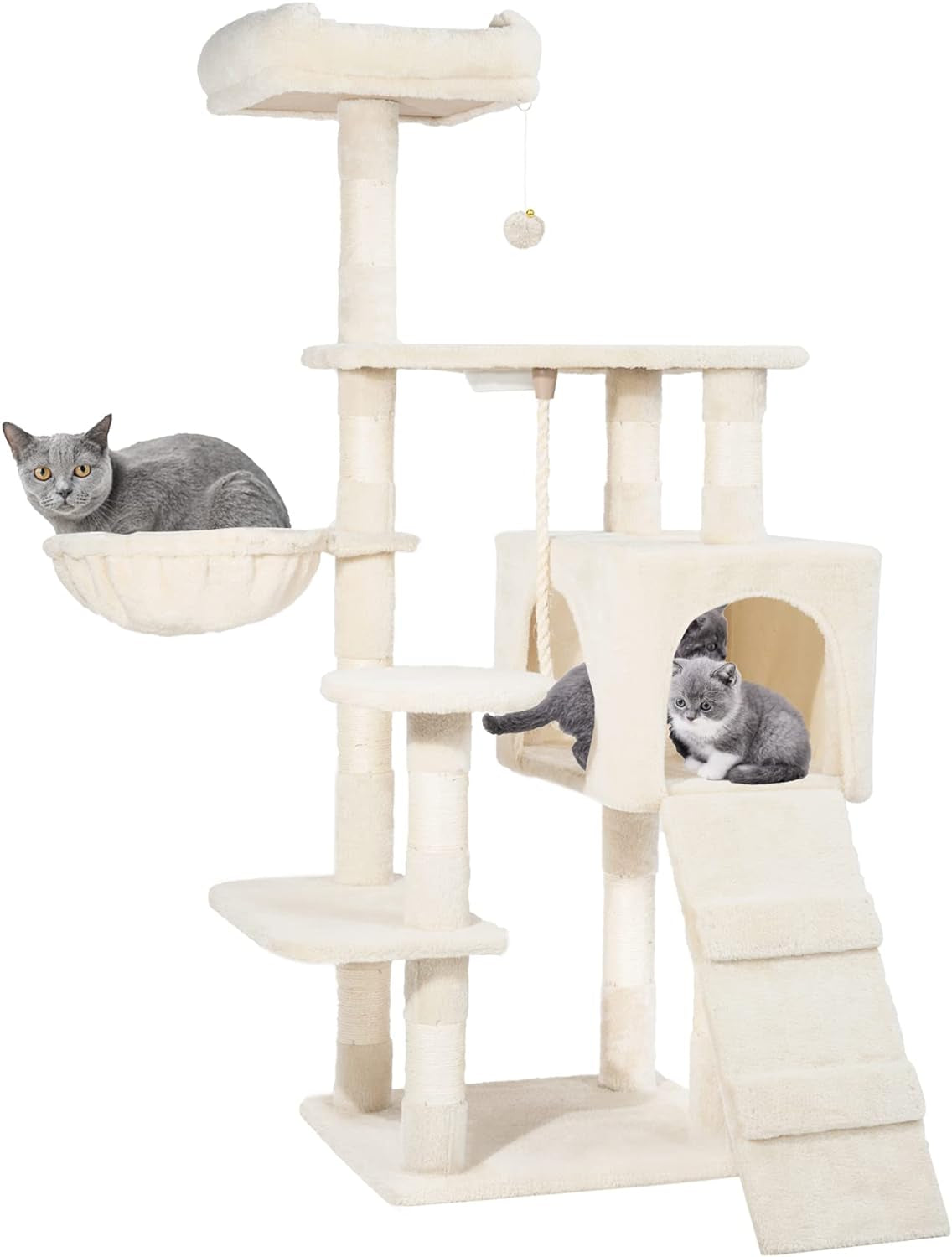 Hawsaiy Multi Level 51 Inch Cat Tree Tower for Indoor Cat with Cat Condo, Scratching Sisal Posts,Hammock, Ladder and Feeding Bowl Beige