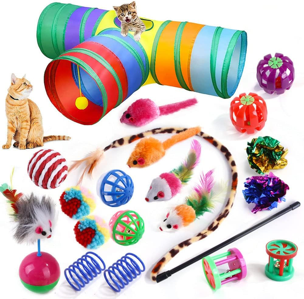 14 PCS Cat Toys Kitten Toys Set Interactive for Indoor Cats,Including Cat Toys Balls,Crinkle Balls,Cat Wand,Cat Mouse Toys