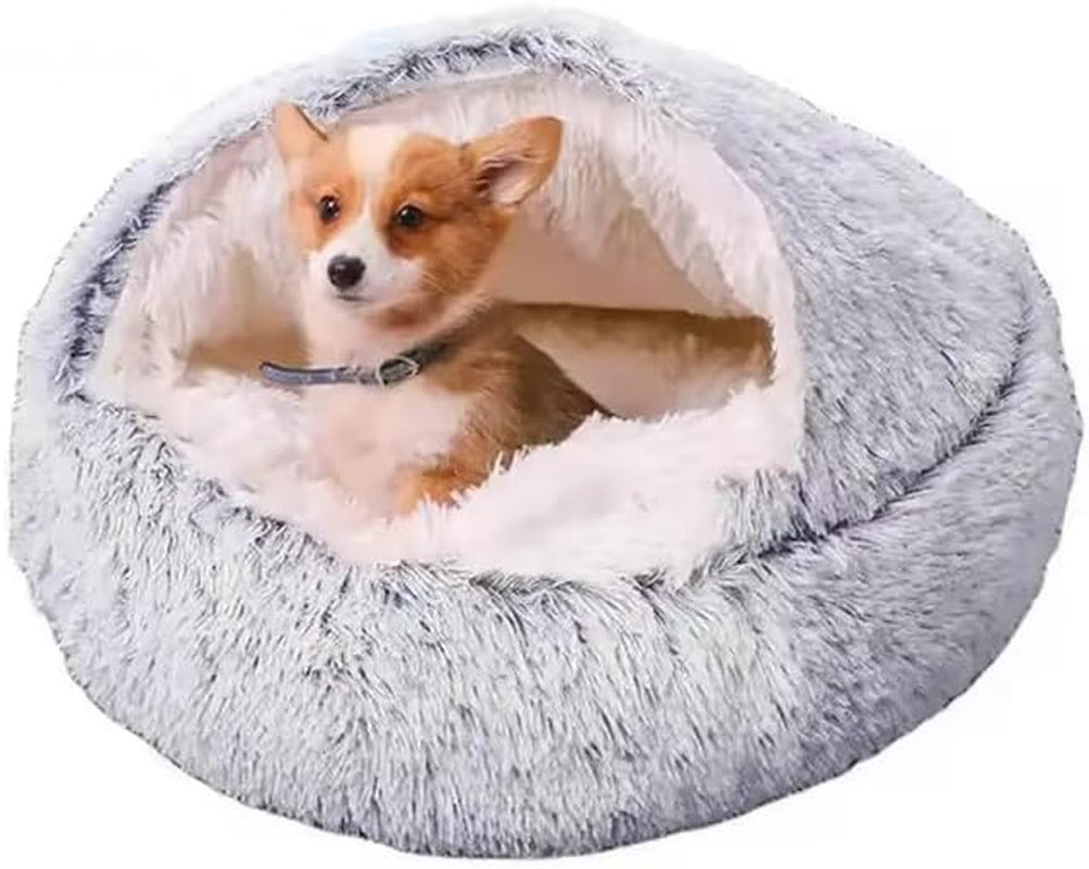 Fluffy Hooded round Cat Bed Cave with Hooded Blanket for Indoor Cats, Dog Beds for Small Dogs, Anti-Anxiety, Cozy Cuddler Luxury Puppy Bed, Anti-Slip Bottom and Machine Washable