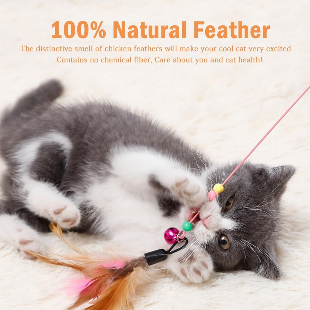 20 Pack Cat Feather Toy, Cat Toys Wand, Interactive Pet Cat Kitten Chaser Teaser Wire Wand with Bell Beads for Cat Exercise Play Fun Gifts - Wholesale