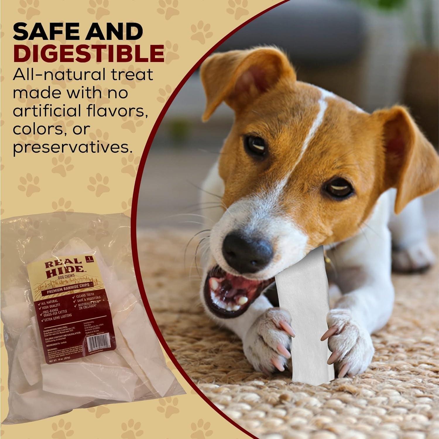 | All Natural Dog Chew Treats - Premium Rawhide Chips - Long Lasting Grass Fed Free Range Beef Hide - Small/Medium/Large Dogs - 1 Pound