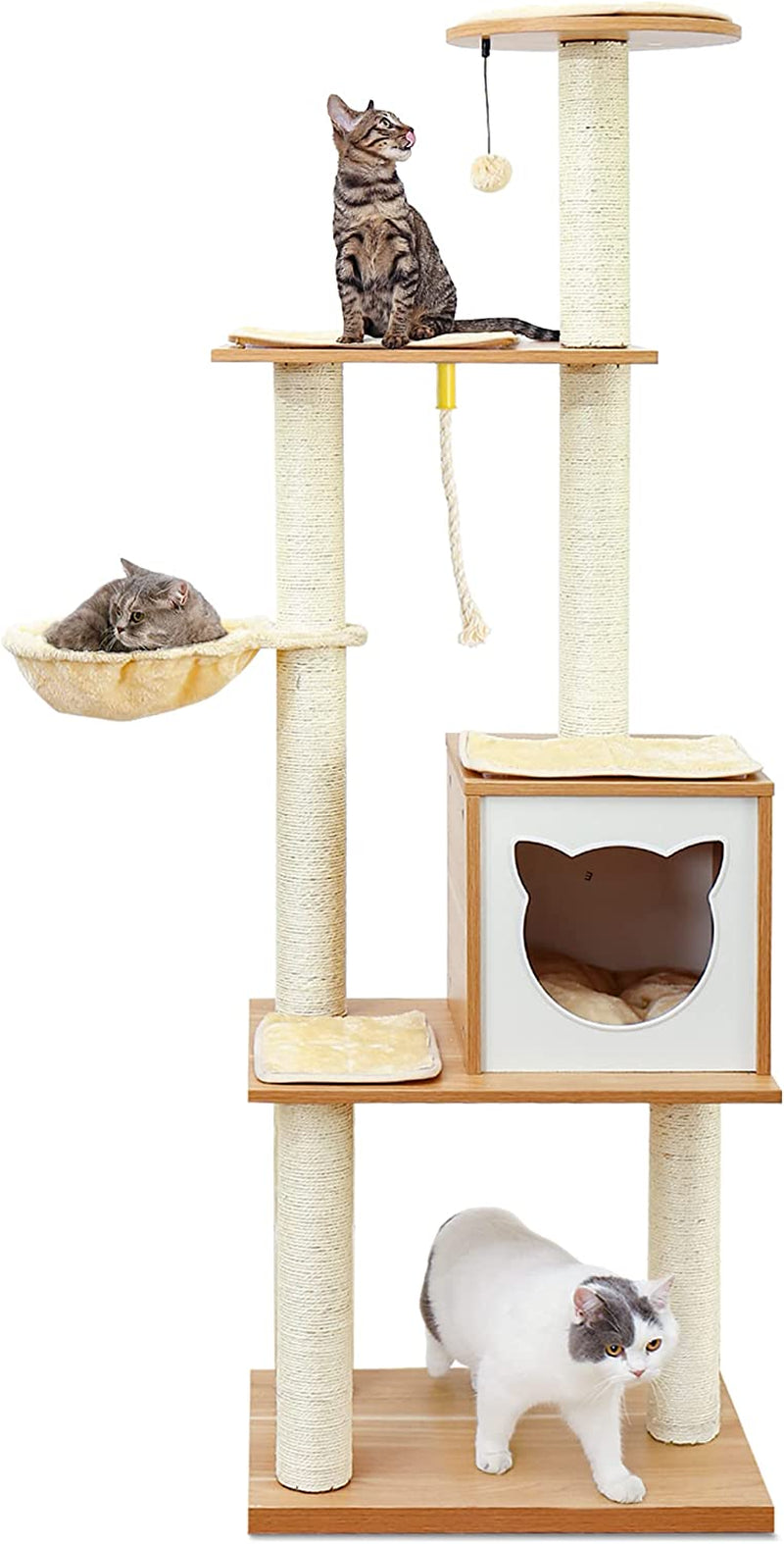 Made4Pets Cat Tree, Modern Cat Tree Tower for Indoor Cats - 65" Tall Wood Condo with Hammock, Scratching Post and Removable Pads for Small Large Cats