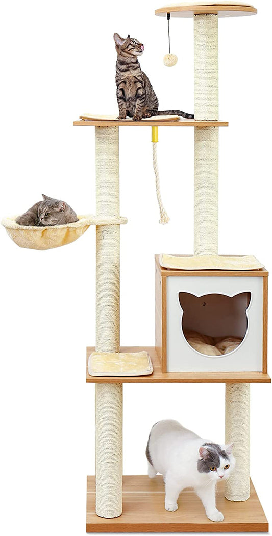 Made4Pets Cat Tree, Modern Cat Tree Tower for Indoor Cats - 65" Tall Wood Condo with Hammock, Scratching Post and Removable Pads for Small Large Cats