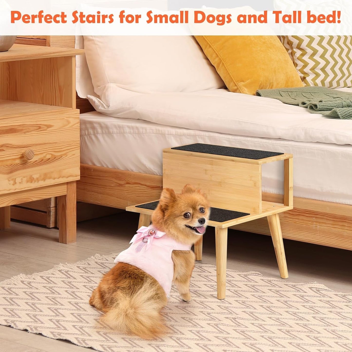 Dog Steps for Bed Small Dog Bed Steps for Dogs to Get on Couch Pet Stairs with Cat House 2 Step Bamboo Puppy Kittens Doggy Stairs for Bed Sofa Couch, 15.2 Inches High Hold up to 150 Lbs