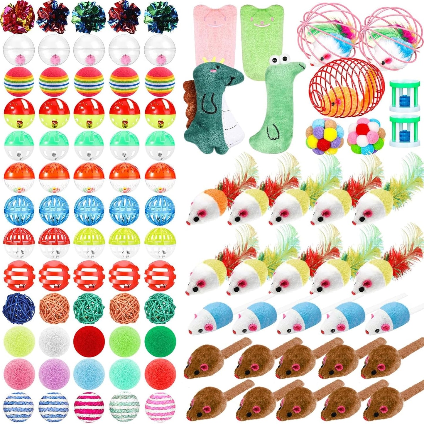 100 Pcs Cat Toys Set Bulk Cat Fur Mice Toys Variety Plastic Ball with Bell Furry Pompom Rattle Mouse Assorted Interactive Catnip Toy Pillow Chew Nice Gift for Indoor Kitten Cats Catch Play