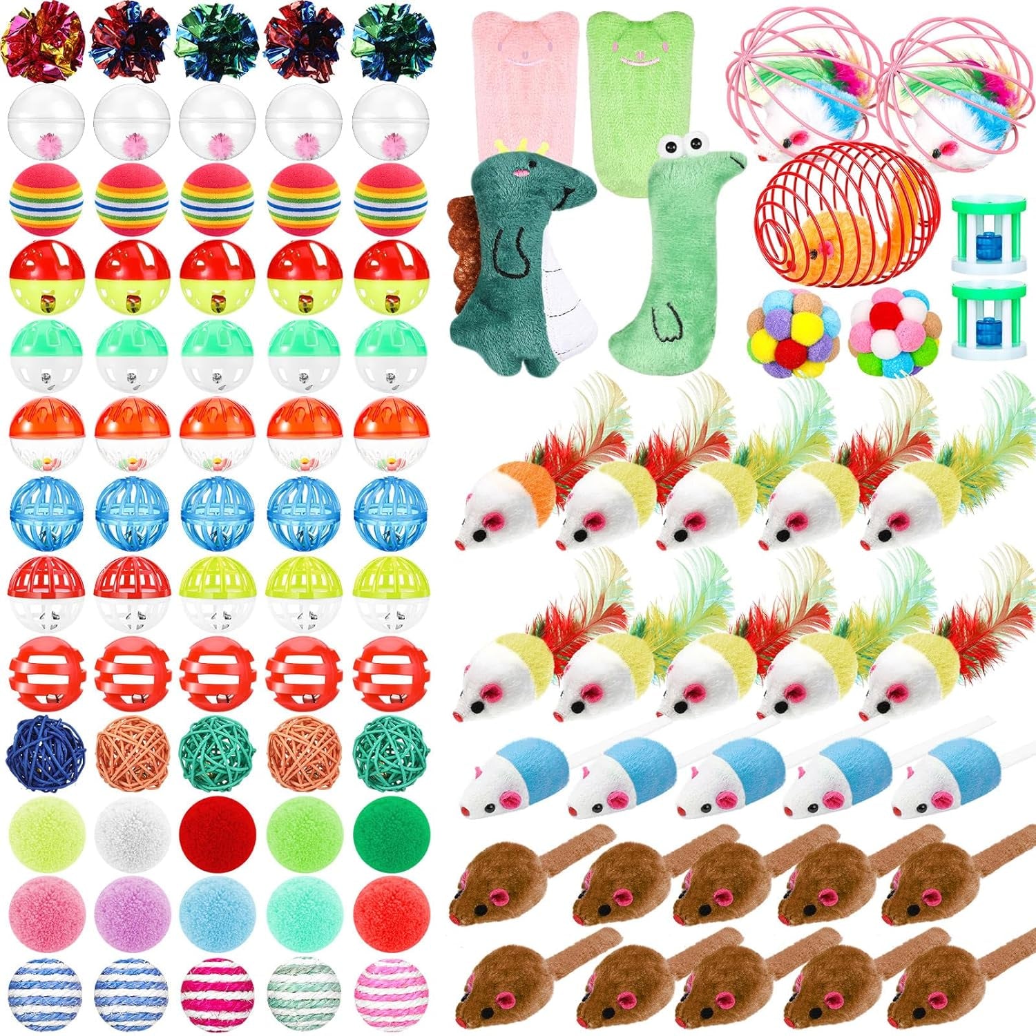 100 Pcs Cat Toys Set Bulk Cat Fur Mice Toys Variety Plastic Ball with Bell Furry Pompom Rattle Mouse Assorted Interactive Catnip Toy Pillow Chew Nice Gift for Indoor Kitten Cats Catch Play