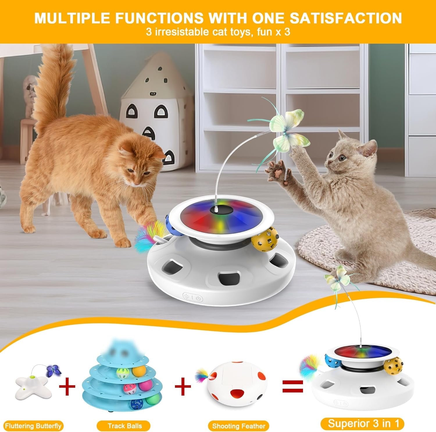 4 in 1 Cat Toys Rechargeable with 2000Mah Battery, Interactive Cat Toys for Indoor Cats, Track Balls Kitten Toy, Fluttering Butterfly, Electronic Whack a Mole for All Breeds