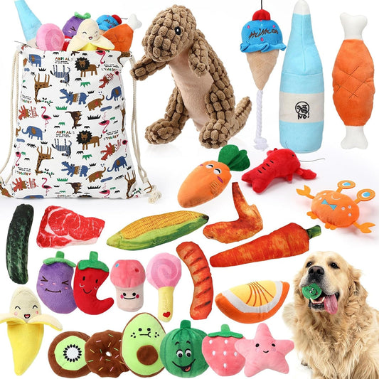 25 Pcs Plush Squeaky Dog Toys Set, Puppy Toys with Carry Bag Cute Characters for Small Dogs, Interactive Dog Squeak Toys for Fun Dog Teeth Cleaning