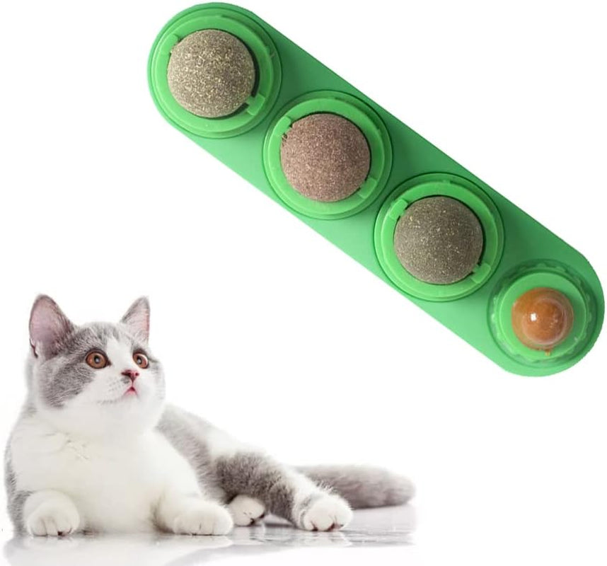 4 In1 Catnip Wall Balls for Cats, Cat Snack Catnip Ball Toys Natural Healthy Kitten Chew Toys Rotatable Indoor Cat Toy for Cat Teeth Cleaning Biting