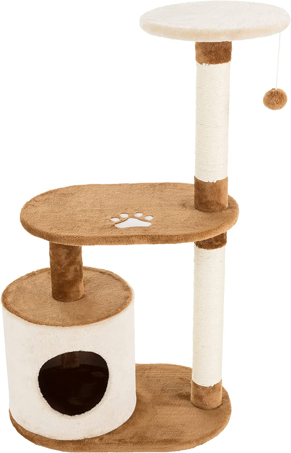 3-Tier Cat Tree - 2 Napping Perches, Kitten Condo, 2 Sisal Rope Scratching Posts, and Hanging Toy - Tower for Indoor Kitties by PETMAKER (Brown)