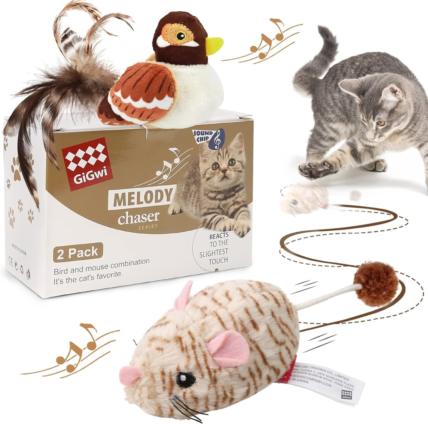 2 Pack Cat Toys Interactive for Indoor Cats Electric Moving Mouse & Chirping Bird Toys Set Squeak Sound Melody Chaser for Kitten to Play, Funning Exercise Feather Toys for Kitty