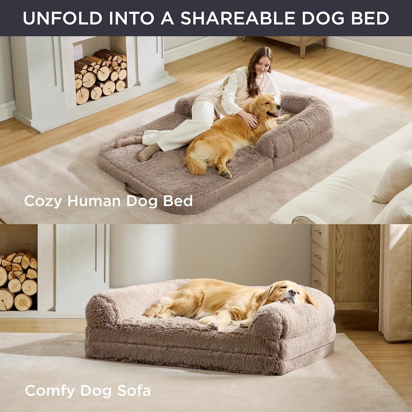 Bedsure Foldable Human Dog Bed for People Adults, 2 in 1 Calming Human Size Giant Dog Bed Fits Pet Families with Egg Foam Supportive Mat and Waterproof Liner, Faux Fur Orthopedic Dog Sofa, Camel