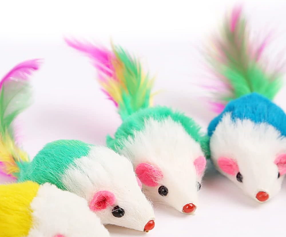 10 Furry Pet Cats, Toy Mice, Cat Toy Mice, Cat Pet Toys, Feather Tails, Interactive Cat Toys for Indoor Cats and Kittens (10 Feather Mice)