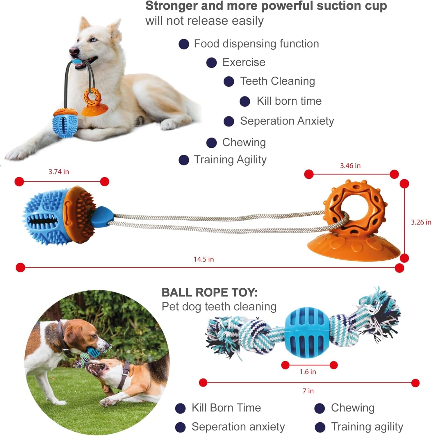 4 Pack-Interactive Toys for Dogs. Suction Cup Toy, Wind up Toy, Squeaking Chicken Leg, Rope to Pull, Teeth Cleaning, Food Dispensing, Squeeze, Chewing, Training Agility. Accessories for Most Puppies.