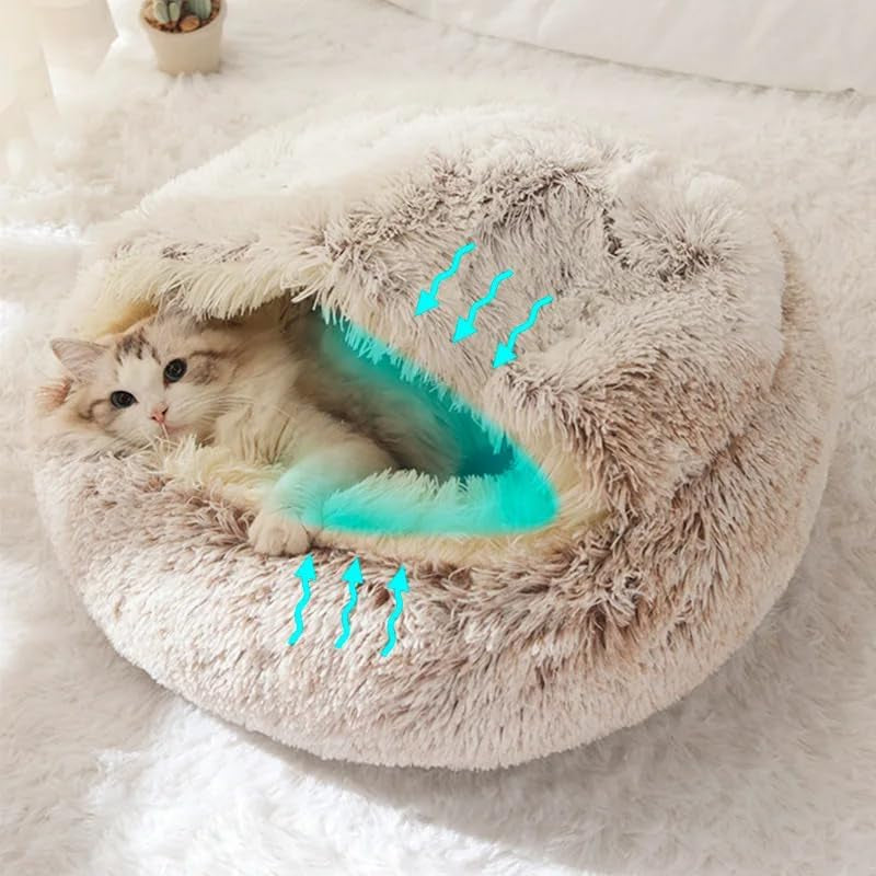 Fluffy Hooded round Cat Bed Cave with Hooded Blanket for Indoor Cats, Dog Beds for Small Dogs, Anti-Anxiety, Cozy Cuddler Luxury Puppy Bed, Anti-Slip Bottom and Machine Washable