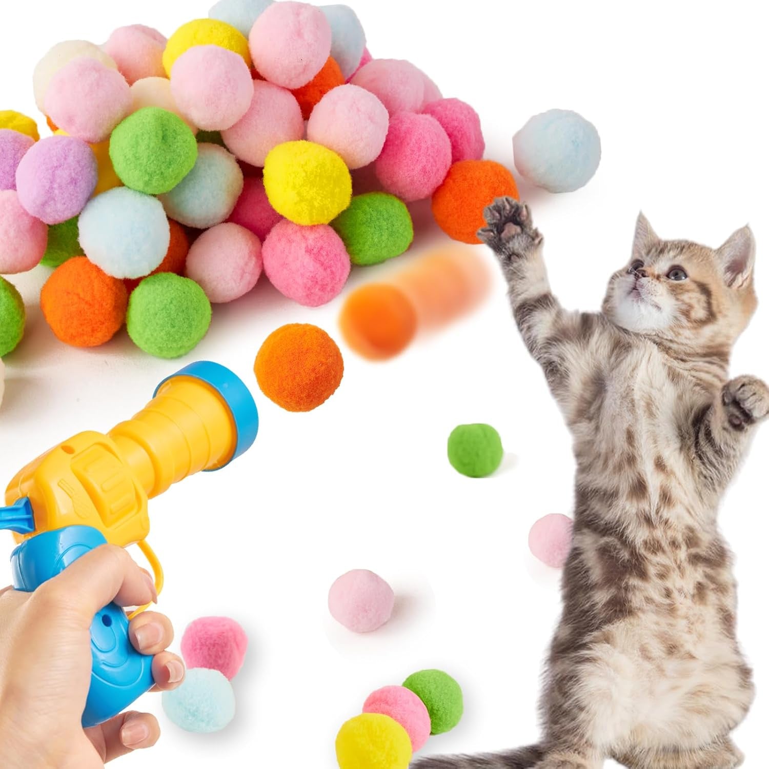 1 Cat Ball Launcher + 80Pcs Cat Toy Balls, Silent Plush Elastic Cat Ball Toy,Interactive Cat Toys for Indoor Cats Kitten Toys,Plush Ball Shoot Gun for Kitty