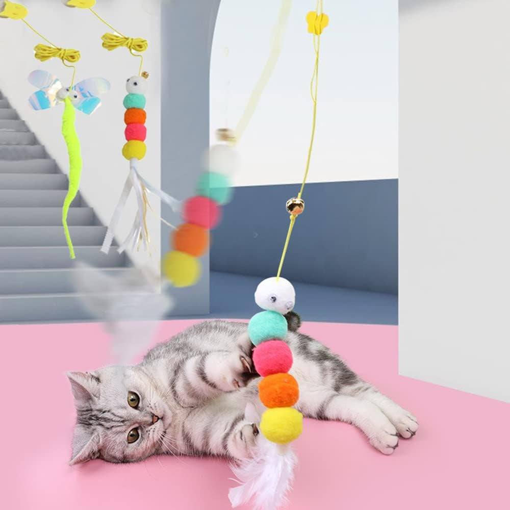 2PCS Retractable Cat Feather Toys，Hanging Interactive Cat Toys for Indoor Cats，Kitten Play Chase Exercise Kitten Play Pompom & Feather Teaser