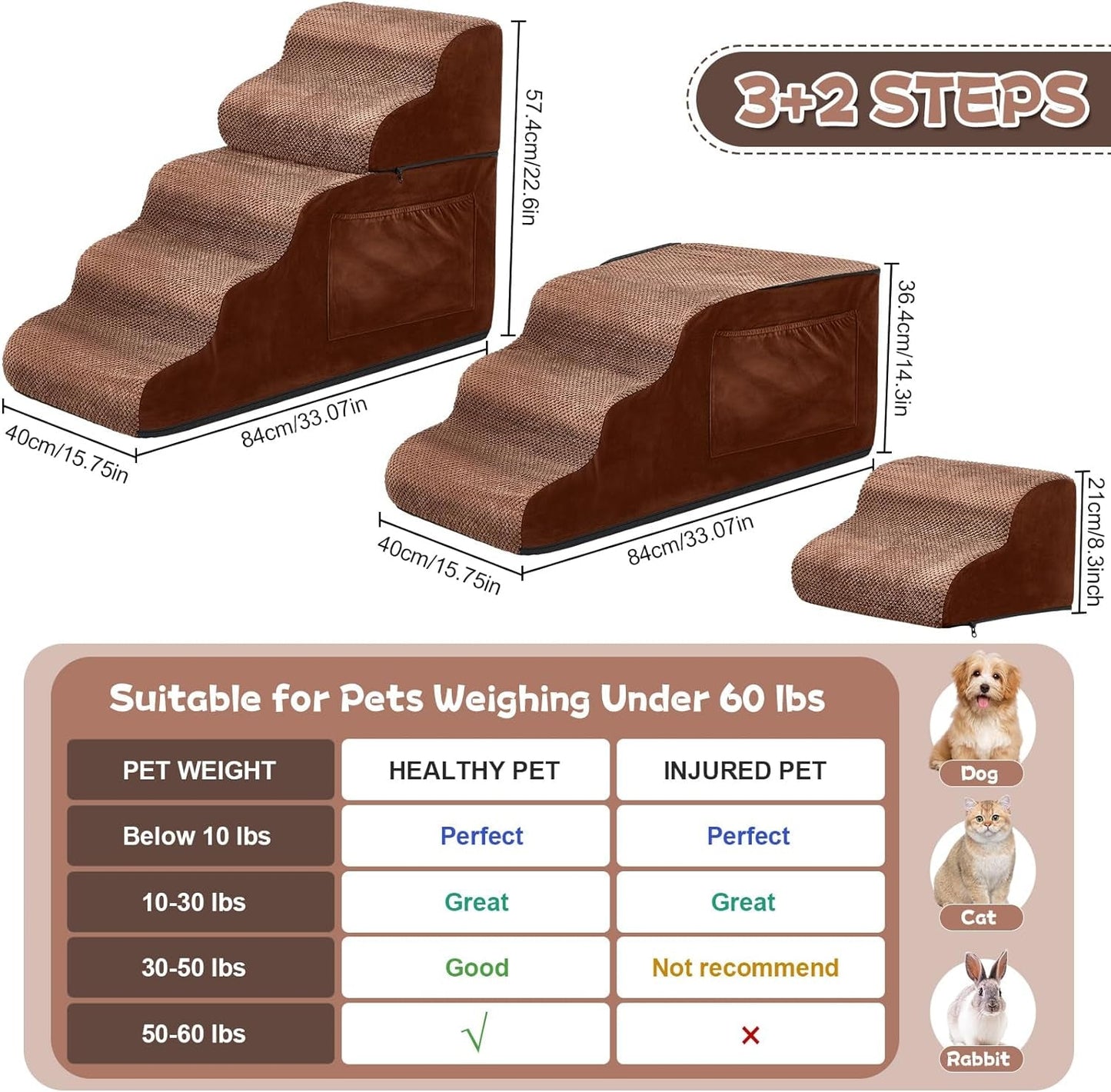 Abbylike Dog Stairs 5 Steps Foam Dog Steps with Removable Cover and Storage Bag 22.6'' High Non Slip Soft Dog Ramp for Bed Easy to up and down Pet Stairs for Bed Sofa Couch, Small Dog (Brown)