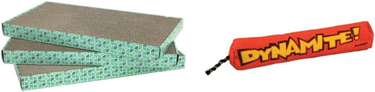 Kitty City XL Wide Corrugate Cat Scratchers 3 Pieces + Catstages Green Magic Dynamite Stick Catnip Cat Toy