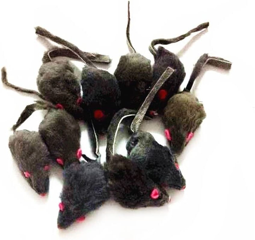 12 Piece Pack Rattle Furry Mice Cat Toy Realistic Fur Mice Toys, Grey